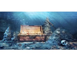 Aquarium Achtergrond Schatkist - Decoratie Aquarium - Aquarium Aankleden - Vinyl Dubbelzijdig - 180x46 cm - Goud