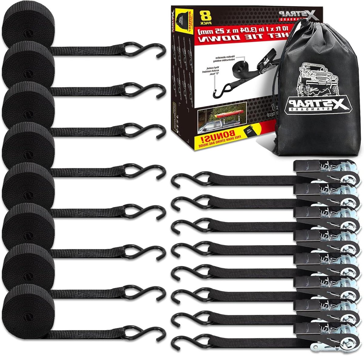 Ratel Spanbanden - Spanbanden Ratel Set - Lading Zekeren - Rubberen Gecoate Haken - 8 Stuks 3m - Zwart