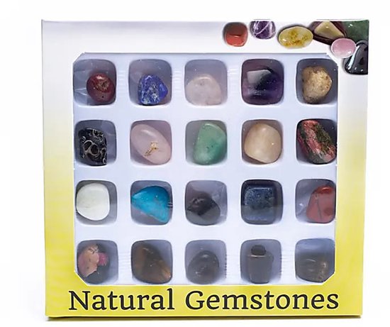 Een geschenkdoos met 20 verschillende edelstenen in individuele vakjes, met het opschrift "Natural Gemstones".