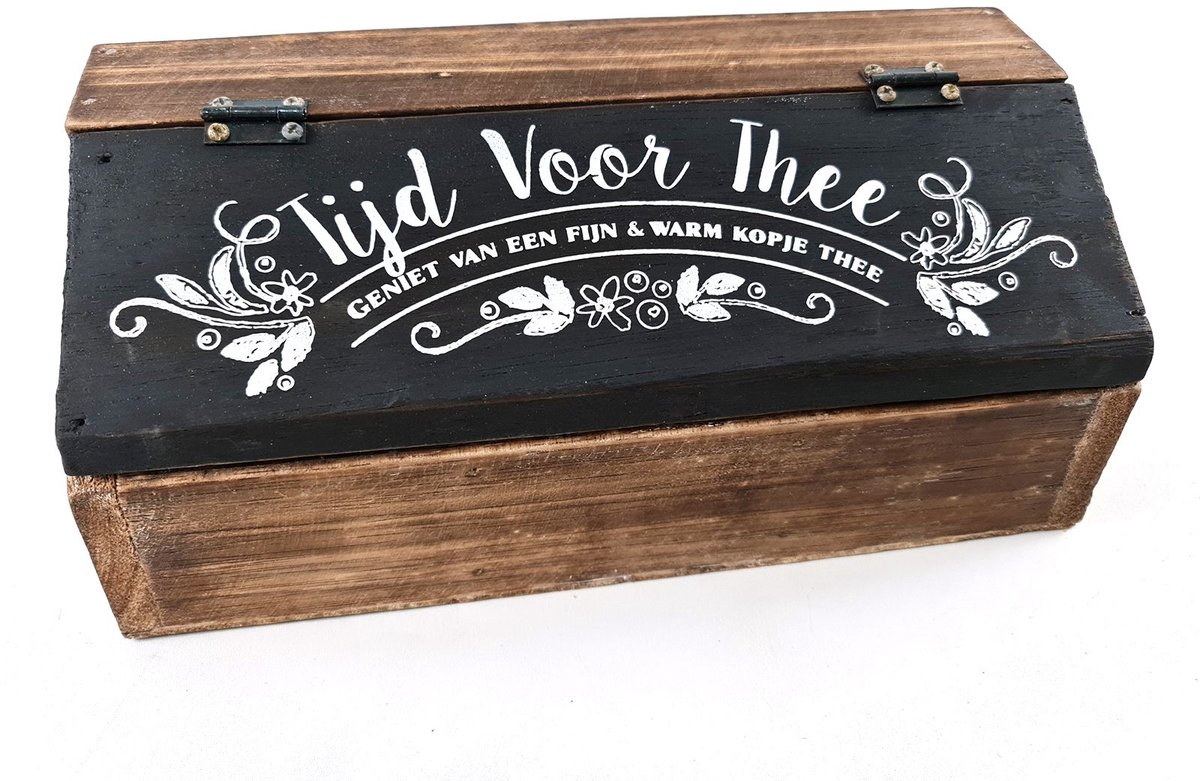 Woodart Houten Theedoos “Tijd voor Thee” – Natural/Zwart – Thee Opbergdoos – Keuken Organizer – Thee Bewaardoos