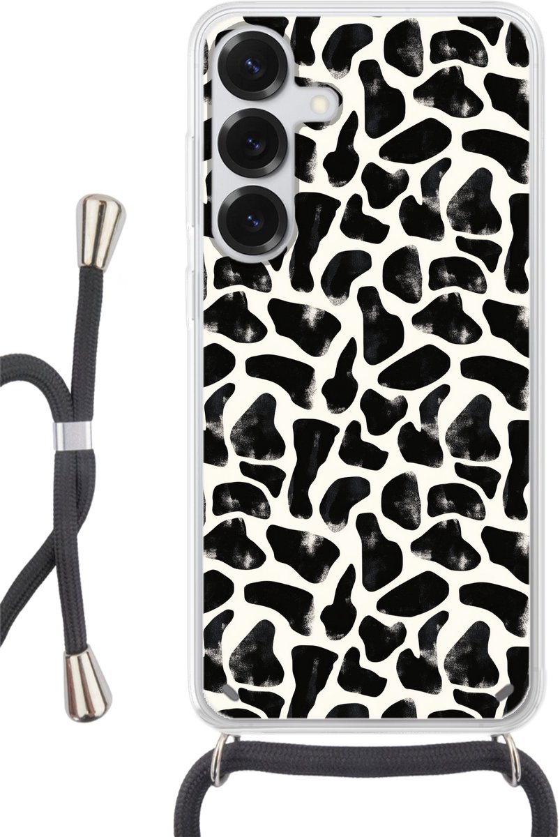 Telefoonhoesje Geschikt voor Samsung Galaxy S25 - Dierenpatroon - Vlekken - Zwart - Wit - Siliconen - Crossbody - Backcover met Koord - Telefoonhoesje met koord - Hoesje met touw Telefoonhoesje
