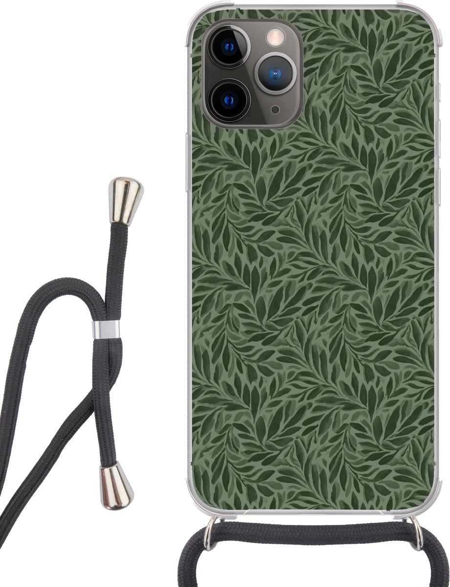 Telefoonhoesje Geschikt voor iPhone 13 Pro - Bladeren - Organisch - Groen - Siliconen - Crossbody - Backcover met Koord - Telefoonhoesje met koord - Hoesje met touw Telefoonhoesje