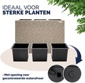 Beige plantenbak met vlechtstructuur, 3 uitneembare zwarte binnenbakken. Opening voor gecontroleerde waterafvoer.