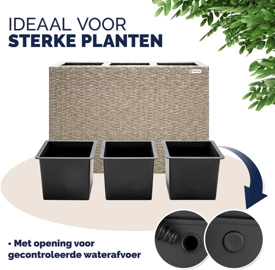Beige plantenbak met vlechtstructuur, 3 uitneembare zwarte binnenbakken. Opening voor gecontroleerde waterafvoer.