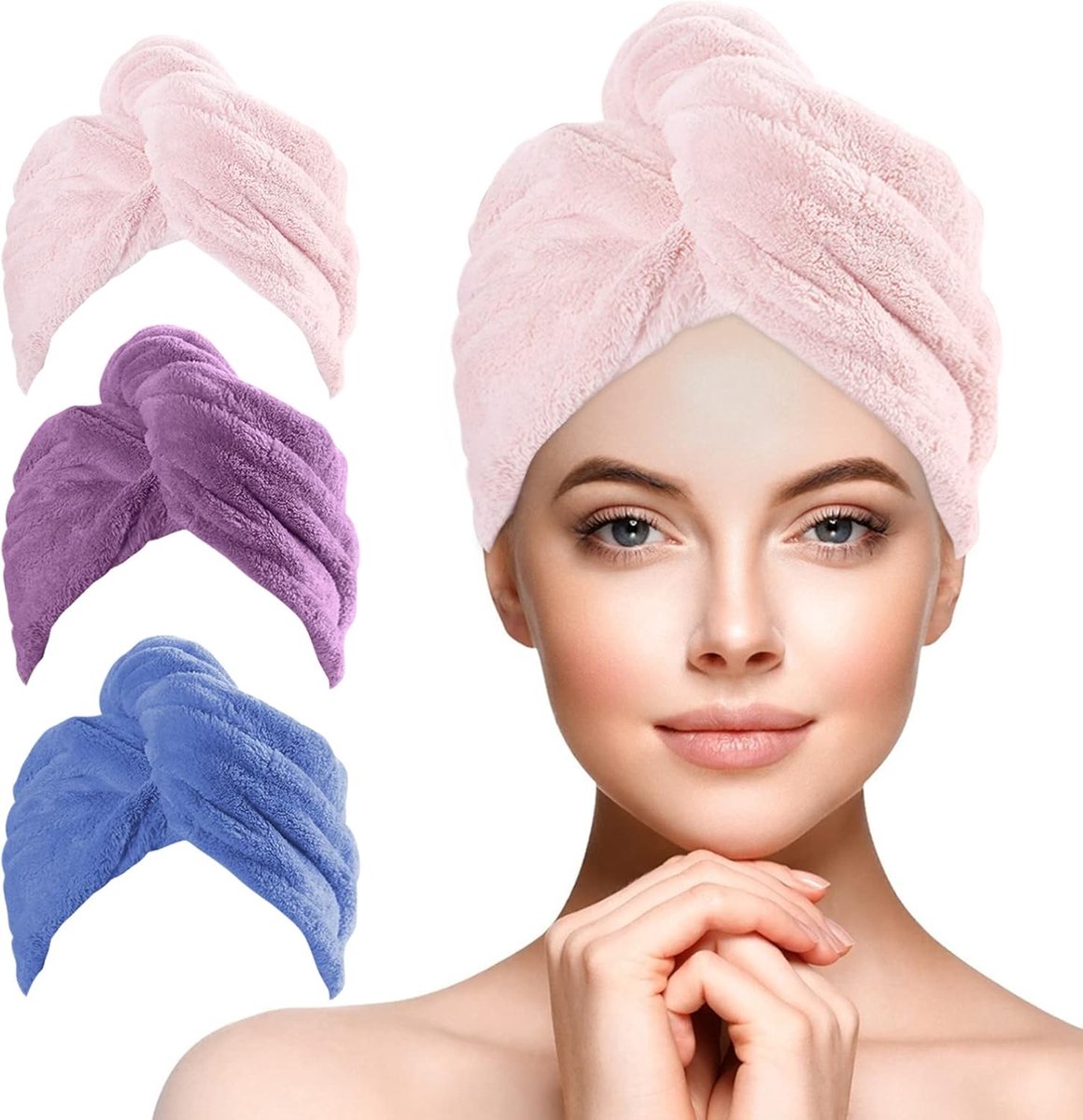 Hair Droog Handdoeken Wrap - 3 Pack Haar Droogkap met Knoppen - Zachte Microfiber Haar Turban Handdoek - Super Absorberend Anti Frizz Droog Haar Hoed Sneldrogende Hoofddoeken voor Dames