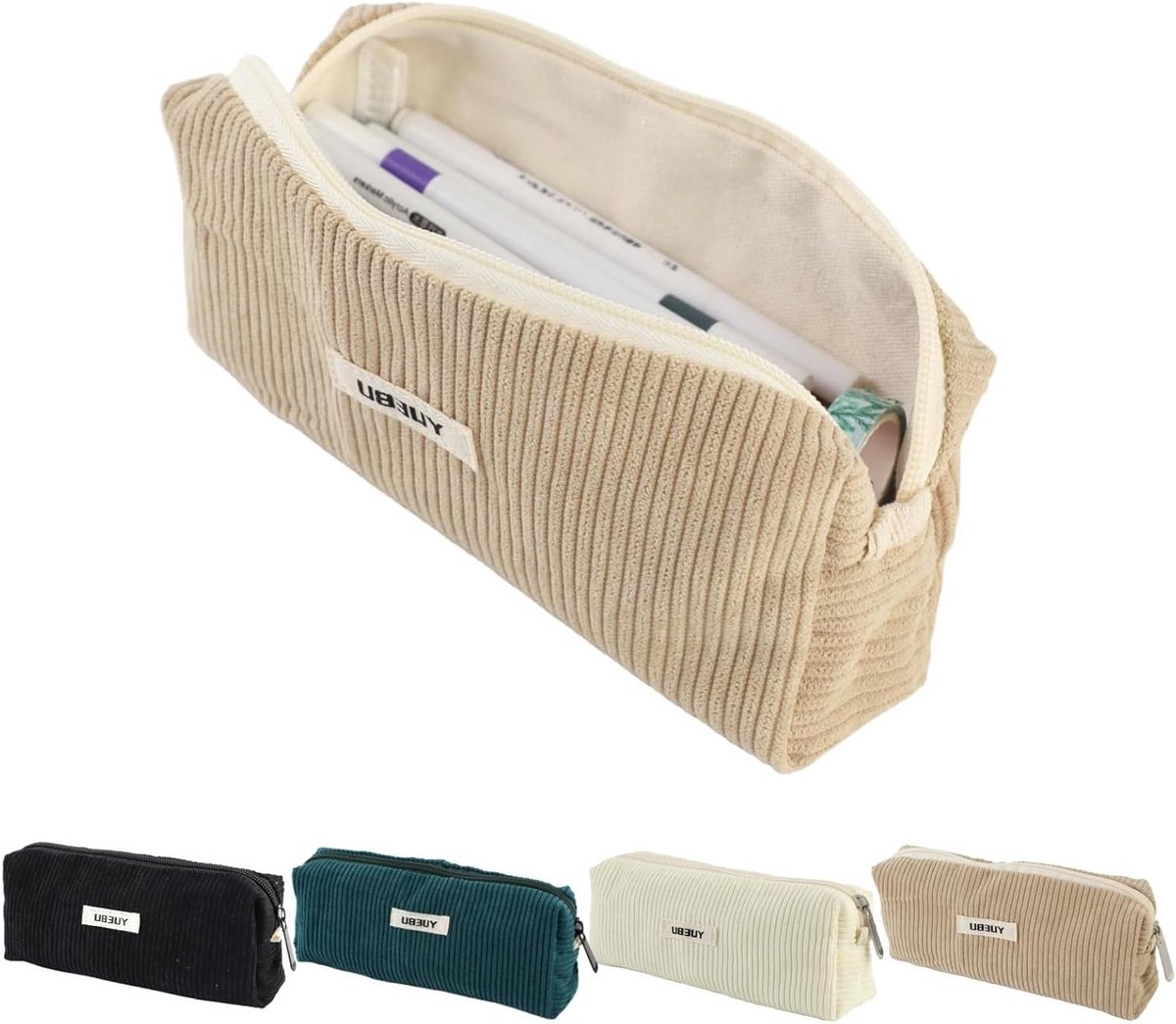 Stijlvolle en praktische etui van corduroy, ideaal als pennenhouder of make-up tas voor meisjes en tieners, lichtgewicht en duurzaam, khaki kleur, medium formaat