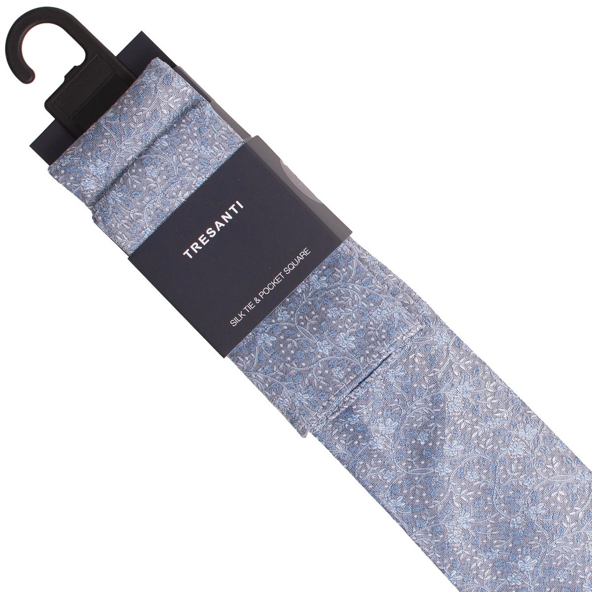 TRESANTI | GRAZIANO | Silk tie & pocket square set featuring hand-drawn Art Deco flowers | Blauw