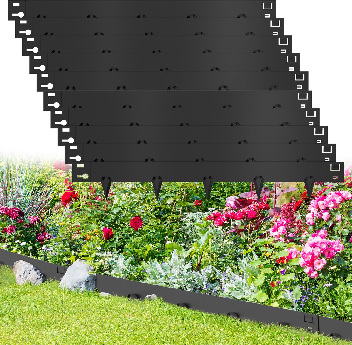 Froadp 25 m gegalvaniseerde gazonrand van metaal, 16 cm hoge borderrand, flexibele border- en maairand, roestbestendige, weerbestendige tuinpalisade voor gazonafscheiding, binnenplaats en paden, eenvoudige montage (zwart)