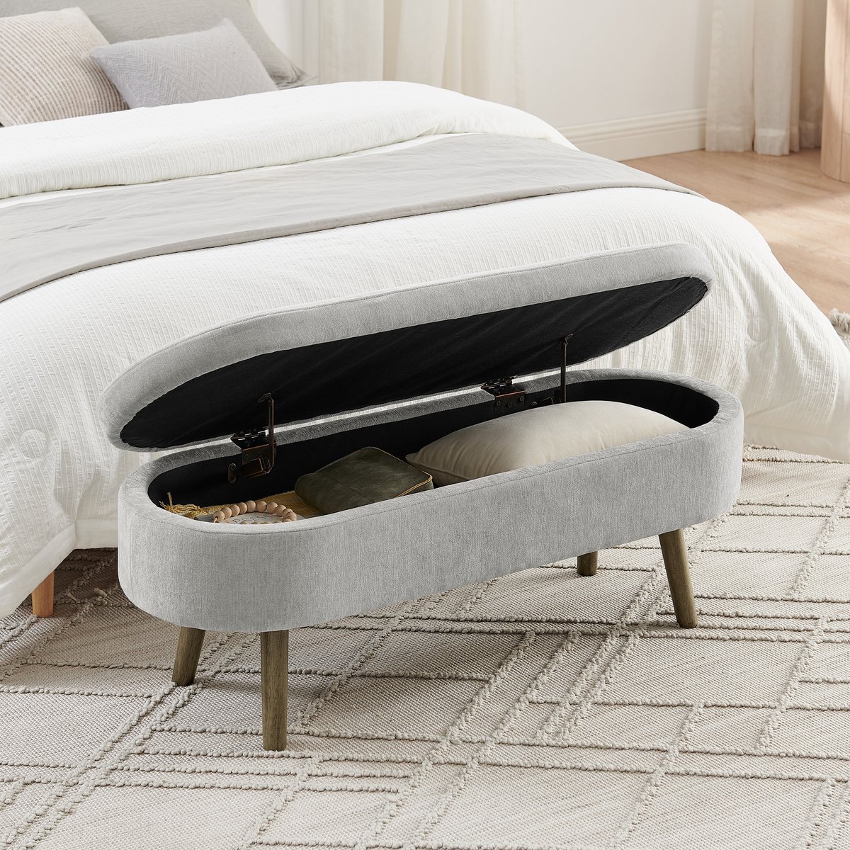 PHOEBE CAT Bedbank - Opbergruimte - Chenille - Metalen poten - 110 x 40 x 42 cm - Grijs