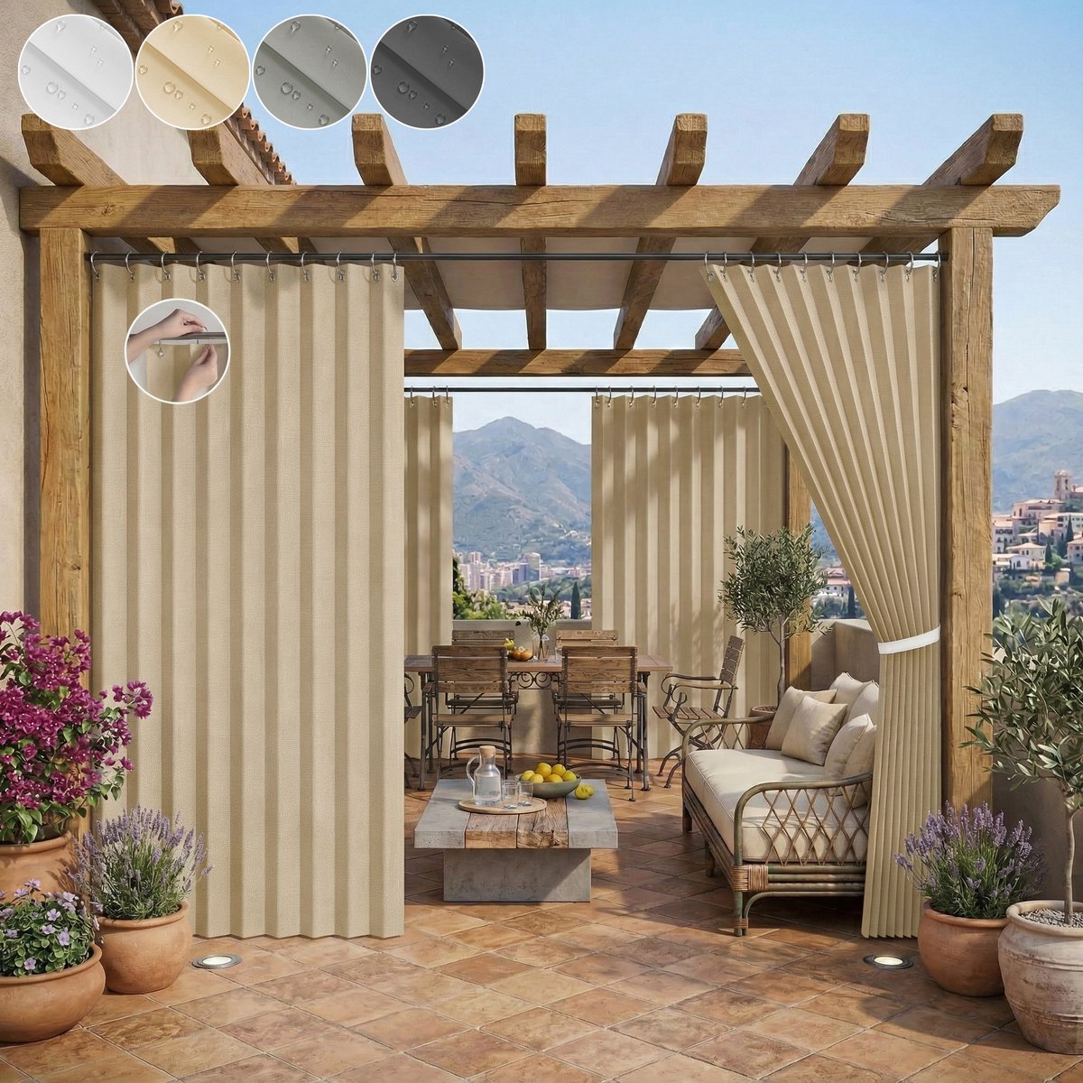 Qelus Anti-Haak Buitengordijn Waterdicht - Krasbestendig Outdoor Gordijn met Permanente Plooi 140x241 cm - Slijtvast Verduisterend Terrasgordijn voor Tuin & Balkon - Beige - 1 paneel Beige - 1 Stuk