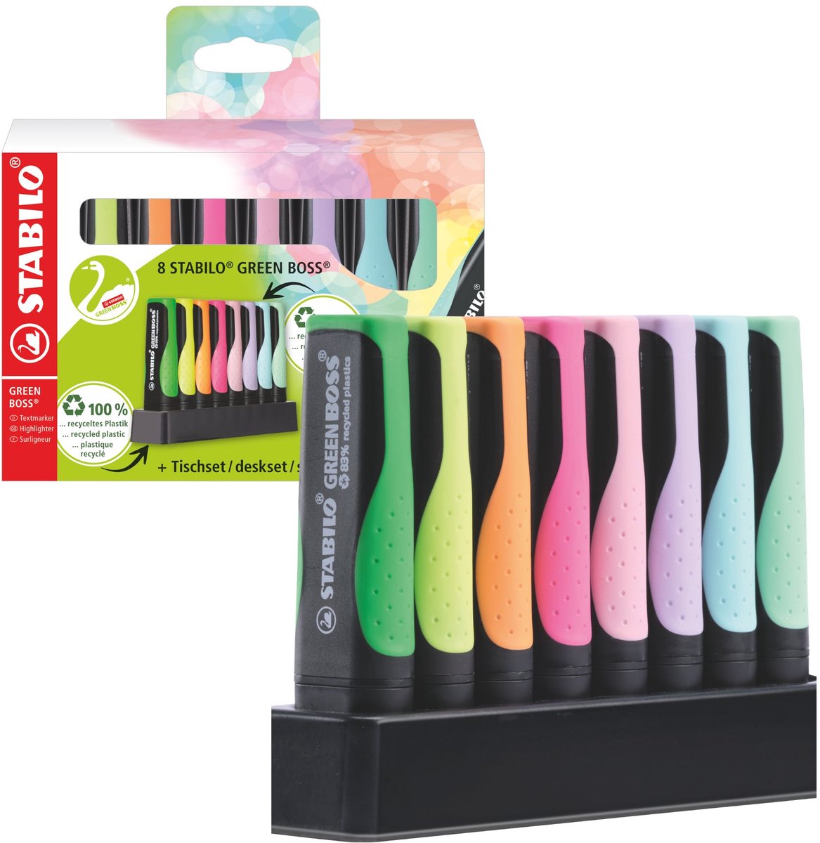 STABILO GREEN BOSS Pastel - Markeerstift - Gemaakt van 83% Gerecycled Plastic - 8 Stuks Deskset - 4 Standaard + 4 Pastel Kleuren