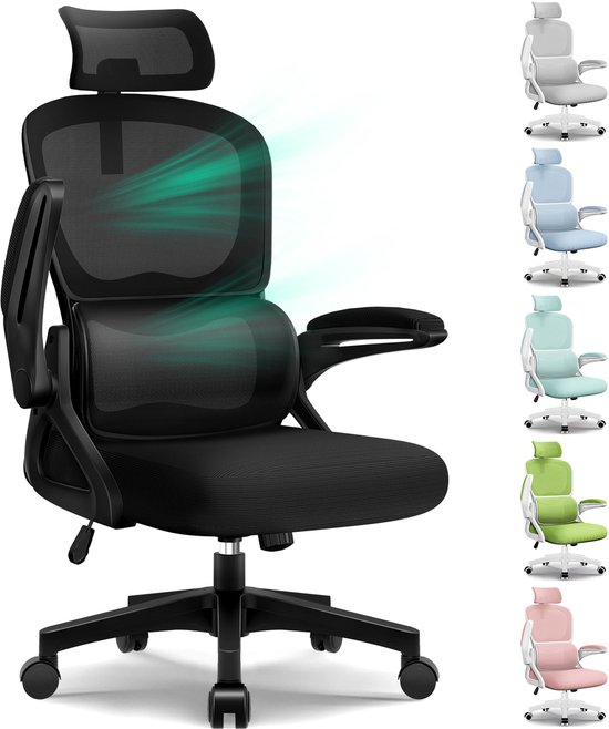 Hiaonyx Bureaustoel - Ergonomische Bureaustoel - Inklapbare Armleuningen - Verstelbare Hoofdsteun & Lendensteun - 3 Rugsteunmodi - Zwart