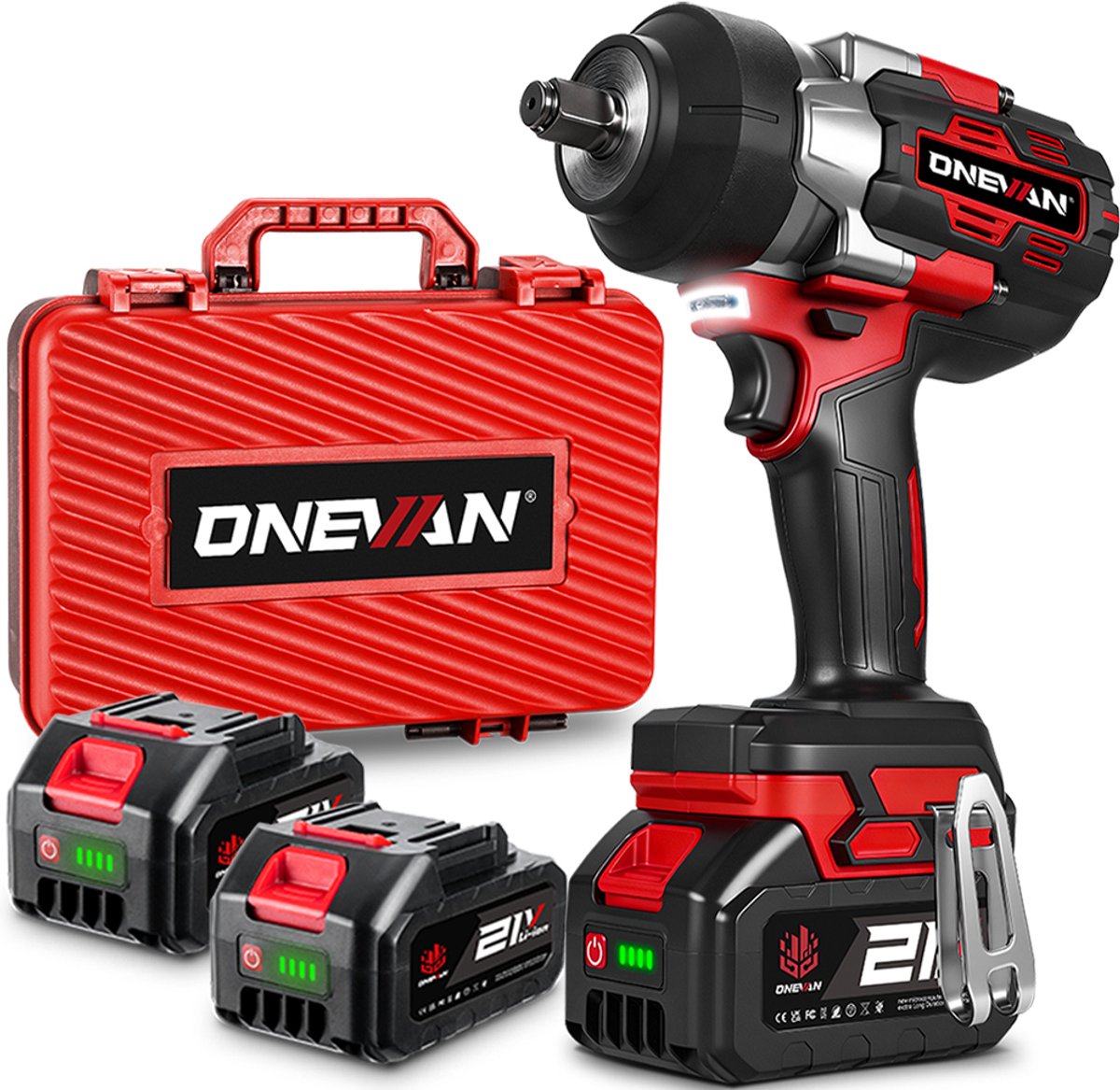 ONEVAN Accu Slagmoersleutel 21V - 2800 Nm - Elektrische Schroefmachine - incl. 2x Accu - Borstelloze Motor - 1/2" Slagmoersleutelset