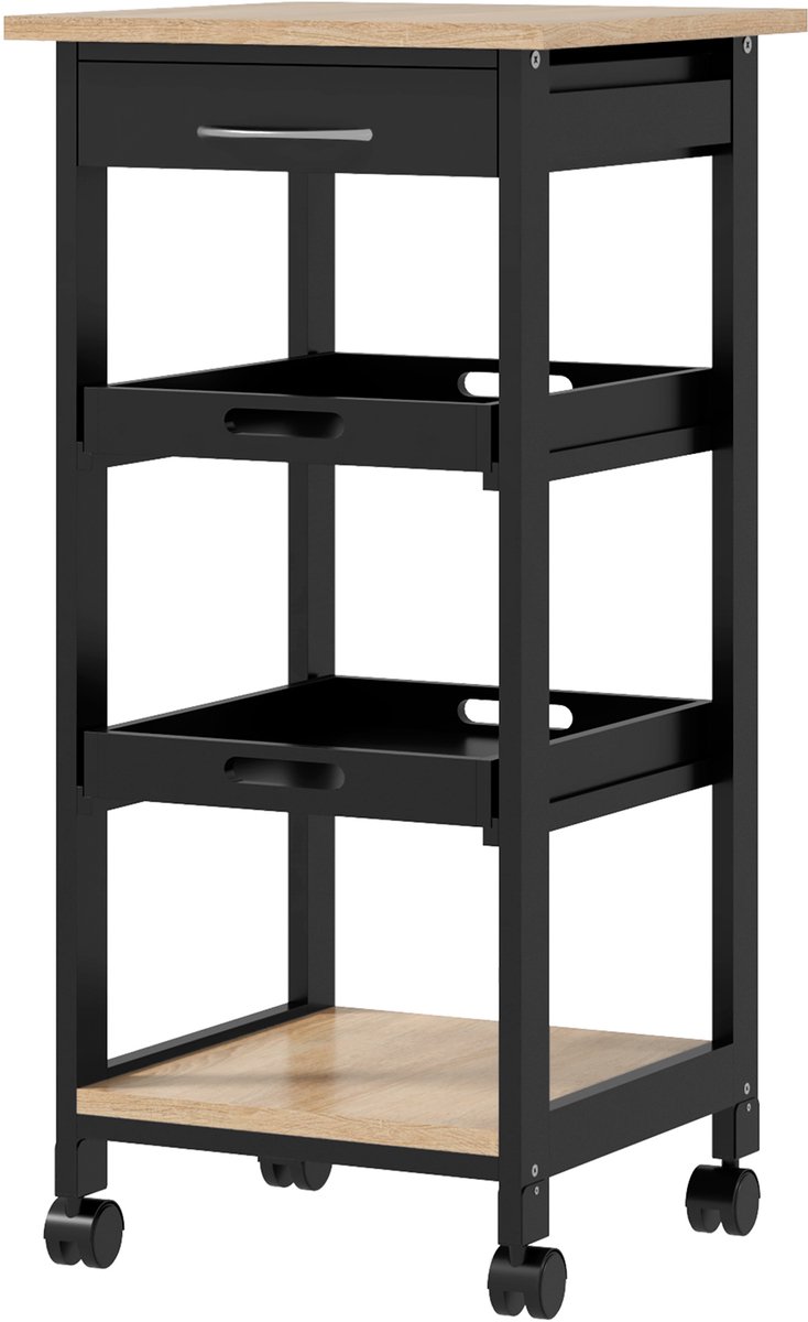 Killogood Verrijdbare serveerkeukenbijzettafel - 2 verwijderbare bladen - lade - plank - licht eiken - grenen zwart