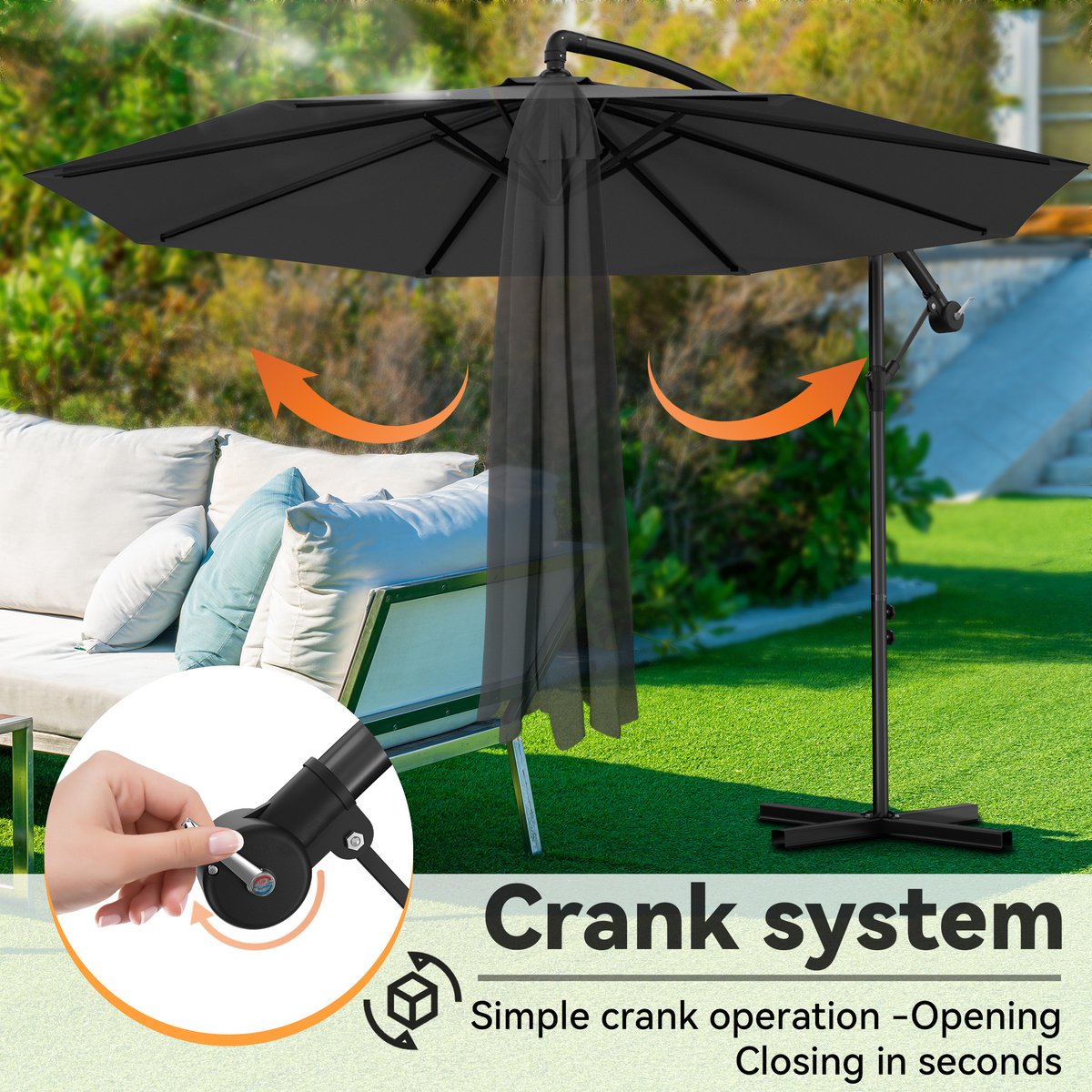 Zweefparasol Ø300 cm - Aluminium Parasol Kantelbaar 360° Draaibaar - Hangparasol met Kurbel UV-bestendig Waterafstotend - Tuinparasol Zonder Middenpaal - Donkergrijs – foto 6