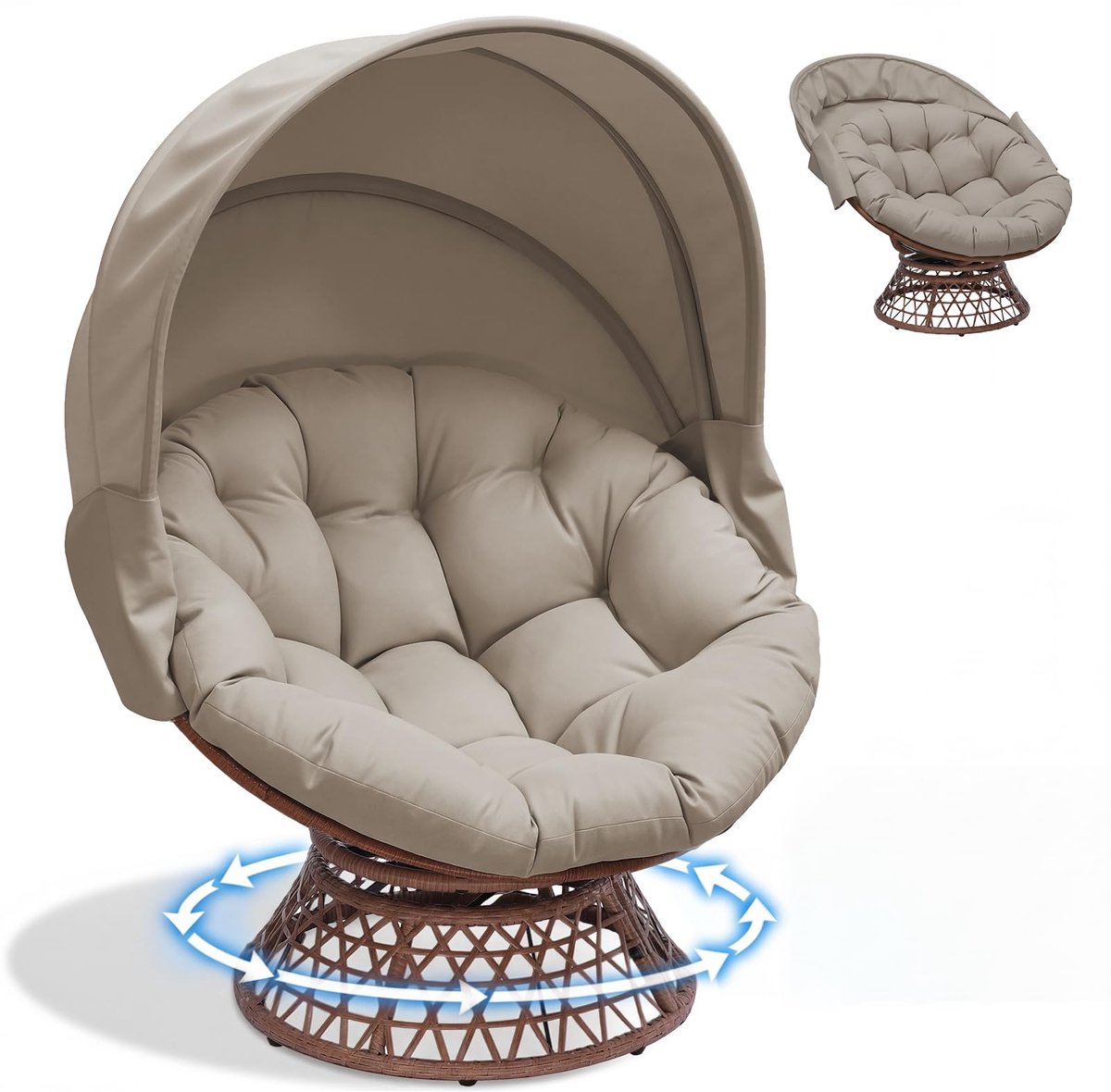 COMHOMA - Papasan Stoel van Rattan - Draaibaar voor Tuin met Kussen - Bruin