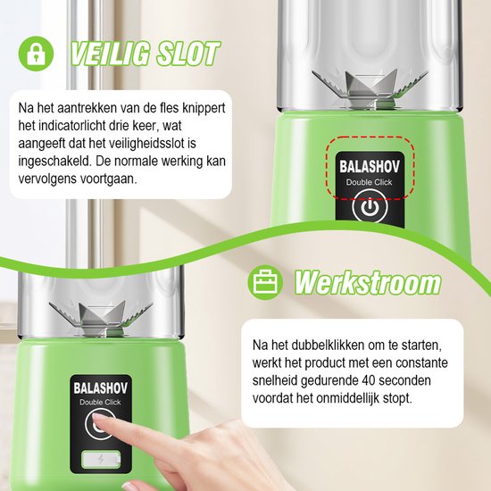 EAFC Draagbare Blender - Draadloze Blender - Draadloos - Blenders - Blender To Go - 6 Mesjes - Mini Blender - Smoothie Maker - Juicer - Keukenmachine - USB Oplaadbaar - 450 ml - groen van eafc — afbeelding 2