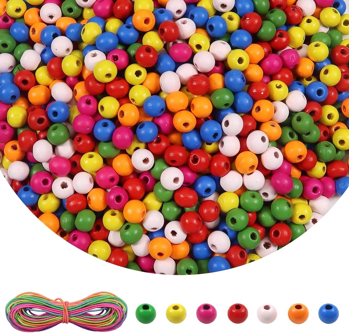 1000 Kleurige Natuurlijke Houten Kralen met Gat 6mm en 5m Elastisch Touw voor DIY Armbanden, Kettingen en Handgemaakte Decoraties