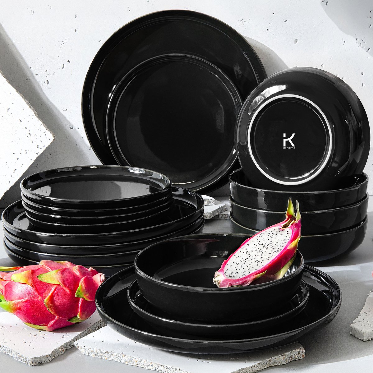 KONSIMO® VICTO - 18 delig - 6 persoons - Keramiek - Dessertbord, Diepbord, Dinerbord - Zwart
