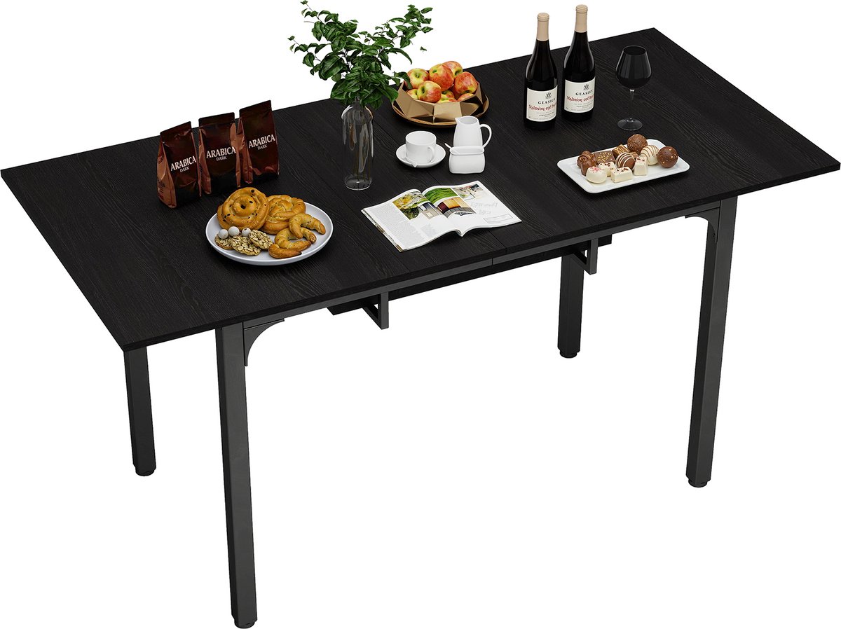 Puluomis – Uitschuifbare eettafel – 110–149 x 70 cm – Keukentafel – met metalen poten – Rechthoekig tafelblad voor 4–6 personen - zwart