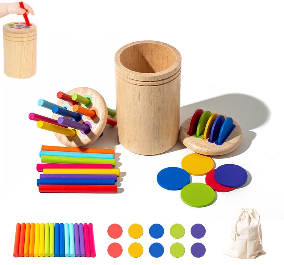 Montessori Houten Kleurensorteerspeelgoed voor Kinderen van 1+, 3-in-1 Educatief Speelgoed met Kleurrijke Stokjes en Schijven, Fijne Motoriek Speelgoed voor Peuters, Cadeau voor Jongens en Meisjes