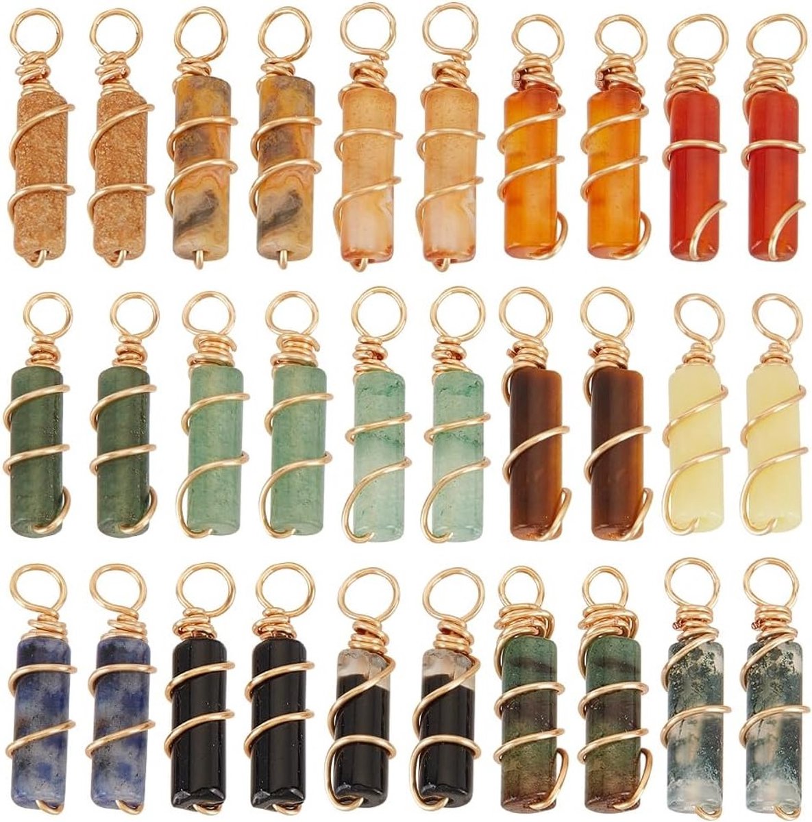 30 Stuks Natuurlijke Steen Hangers in 15 Stijlen, Kristal Kolom Kwarts Edelsteen Koper Draad Hangers voor Sieraden Maken, 21mm, Perfect voor Kettingen en Armbanden