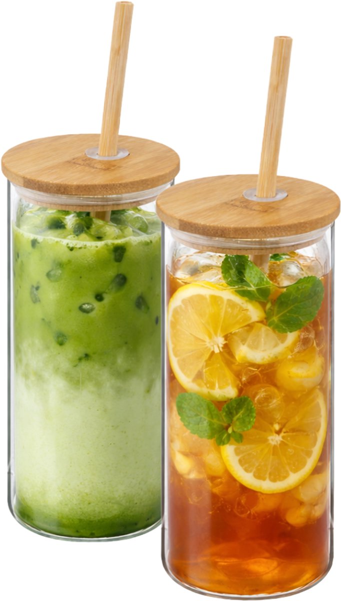 OTIX Drinkglazen - met Bamboo Deksel en Rietje - 2 Stuks - 400 ml - Waterglazen