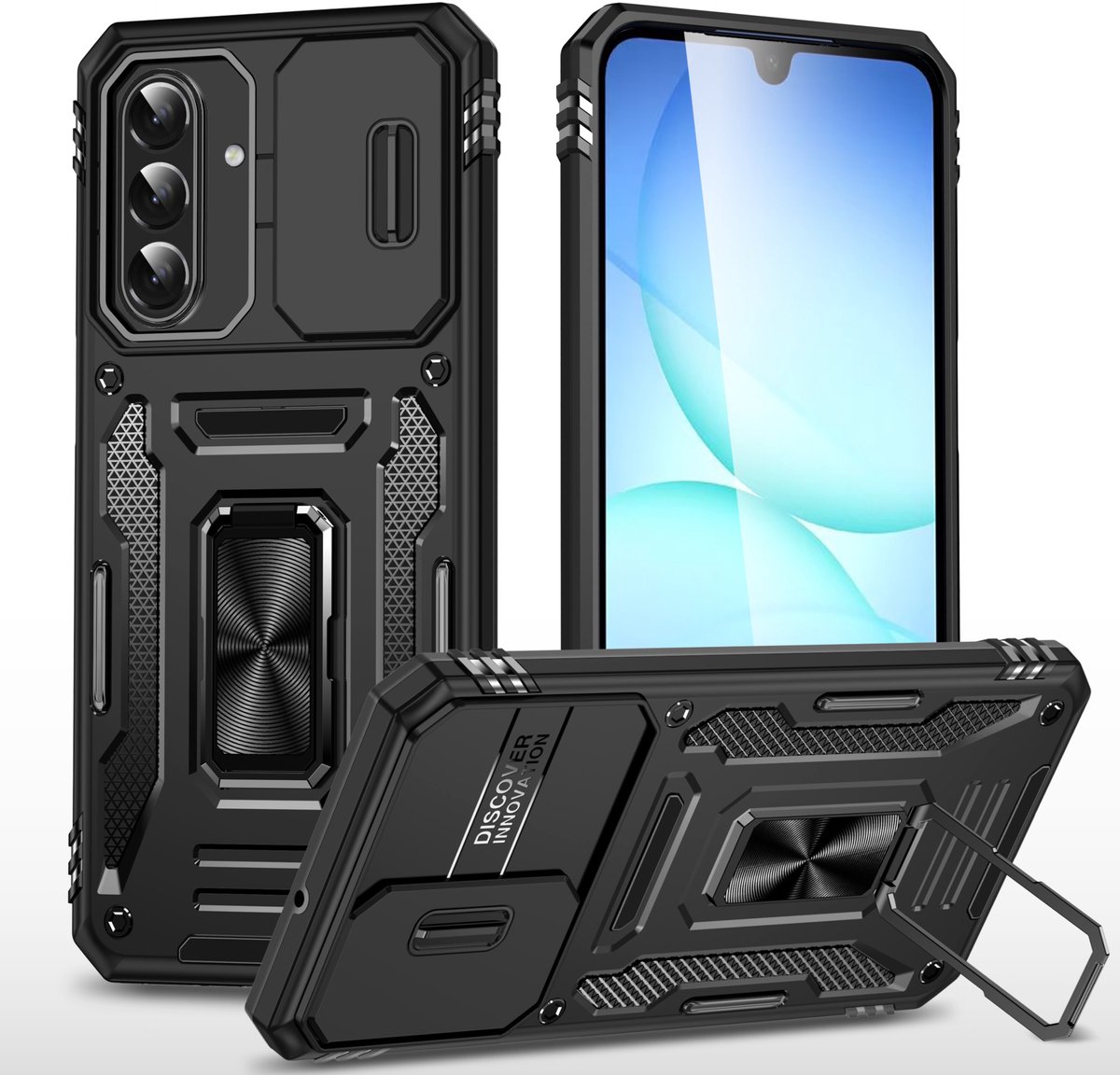 Podec Hoesje geschikt voor Samsung Galaxy A17 - Zwart Telefoonhoesje - Anti-Shock Case Cover - Hybrid Armor Hoes met Kickstand Ring met Screenprotector