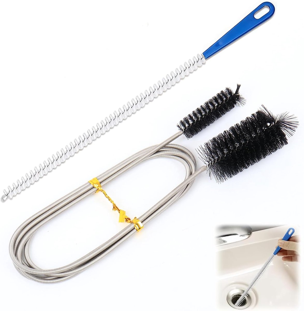 Drain Cleaner Spiral en Pijpenborstel Set - RVS Dubbele Kop - Flexibele Ontstopper Borstel - Voor Brede Leidingen - Rioolreiniging - Sanitair Onderhoud
