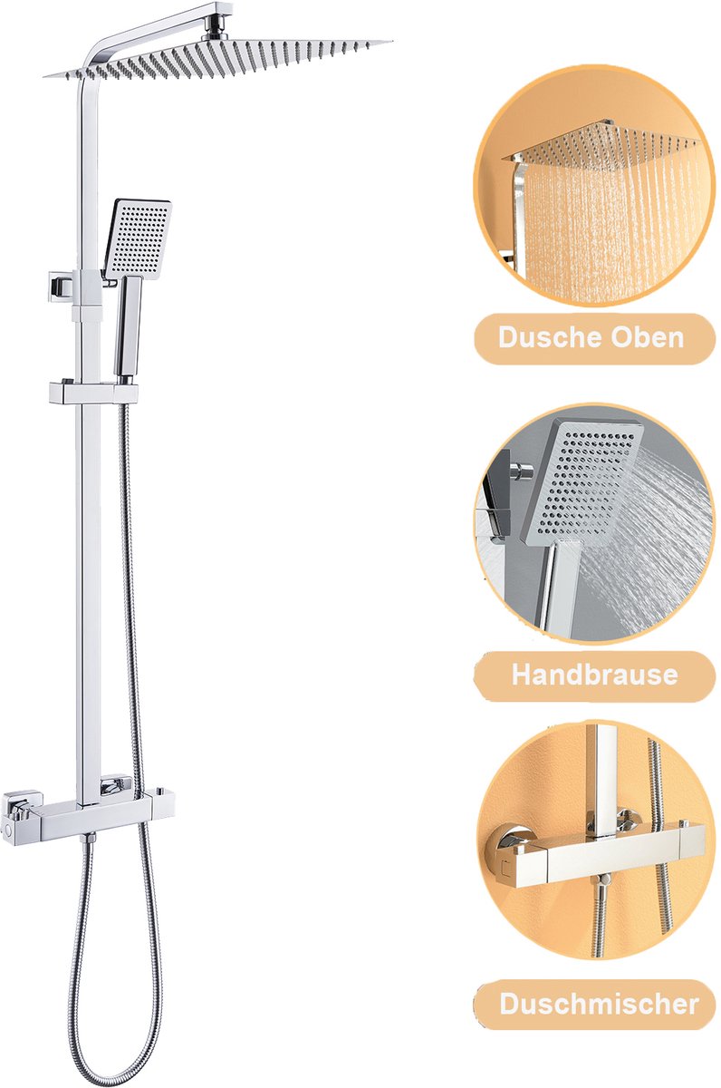 DERW Max Regendouche met Thermostaatkraan - Doucheset - 12 inch Douchekop - Hoofddouche en Handdouche - Verstelbare hoogte 82-125 cm - RVS Regendoucheset - Chroom