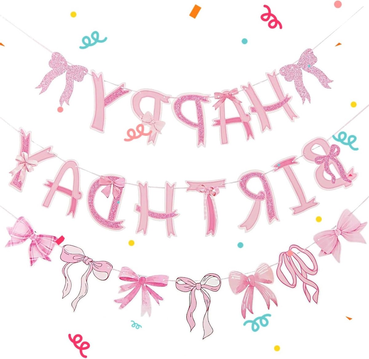 3 Pre-stretched Roze Verjaardagsdecoraties met Strik - Feestelijke Versieringen, Happy Birthday Banner en Girlanden voor een Coquettisch Feestje