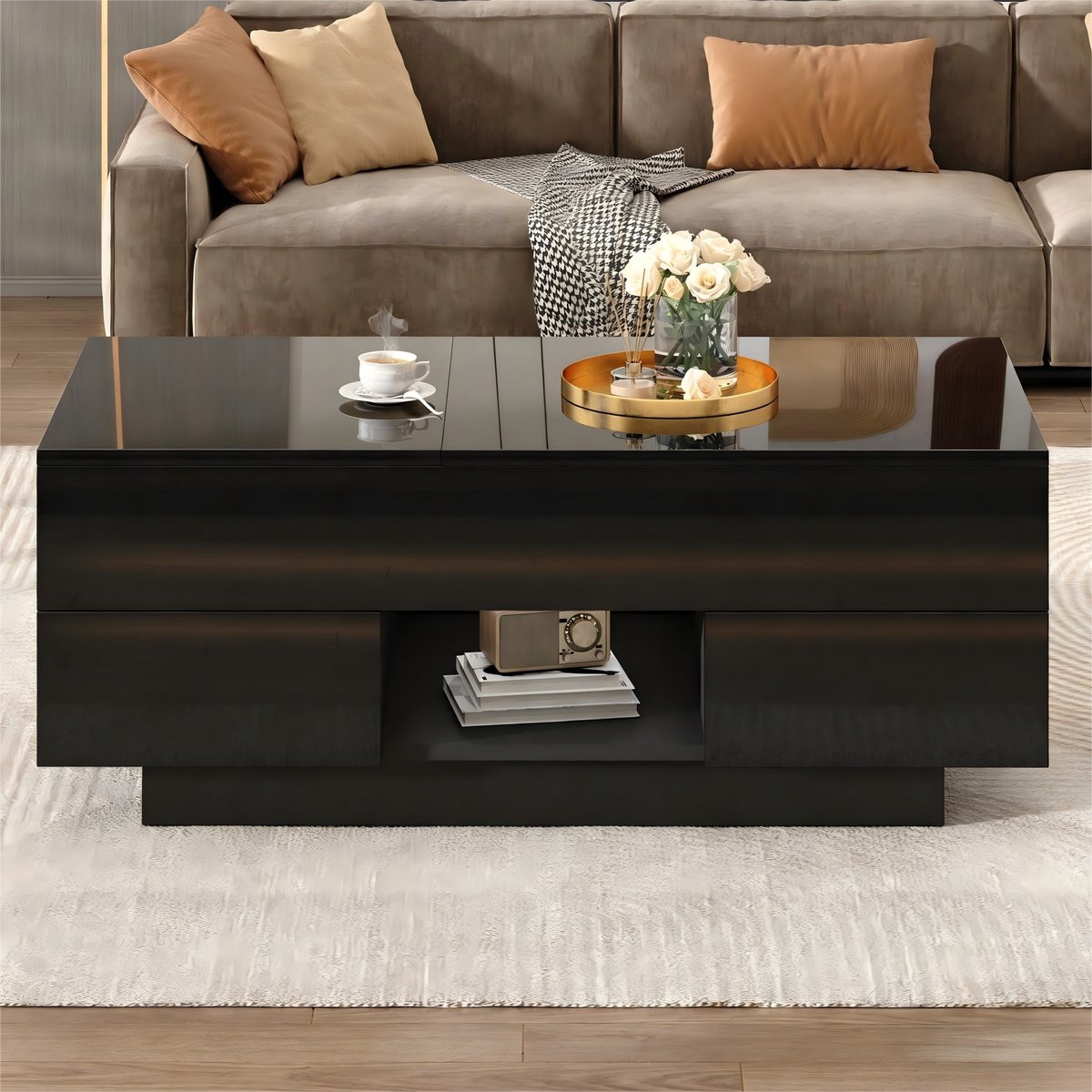 MIVRAY Salontafel - Hoogglans Met Hefblad, LED En 2 Laden - Voor Woonkamer - Spaanplaat - Zwart - 100x45x43 Cm