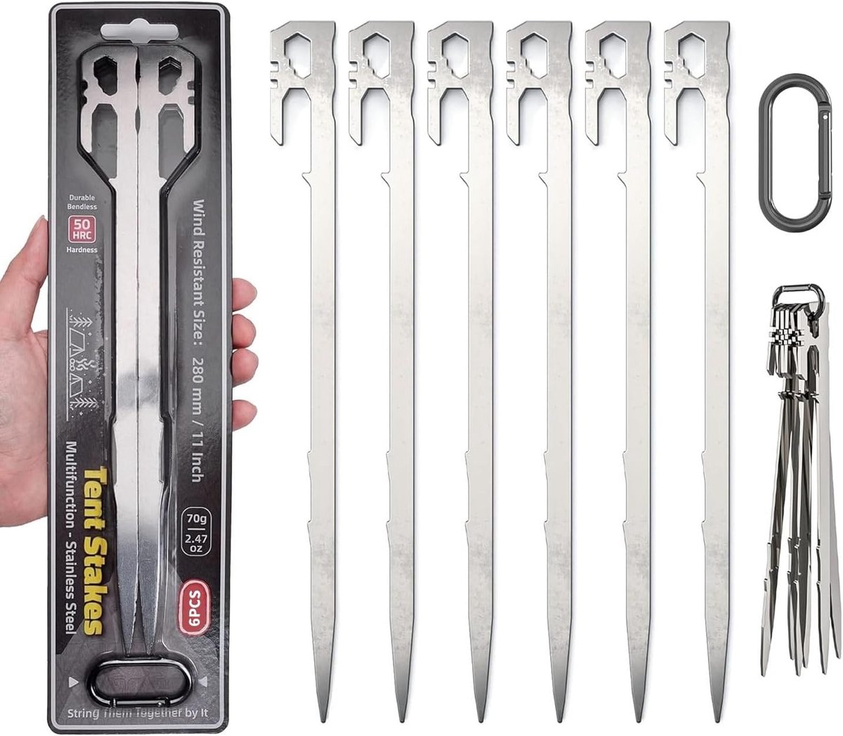 6 Pcs Heavy Duty Tent Pegs - 28cm Stainless Steel Camping Tent Pegs - Multi-Purpose Ground Posts met Haak en Gat voor Buitenreizen - Hiking - Tuinieren - Geschikt voor Zware Grond en Rotsachtig Terrein