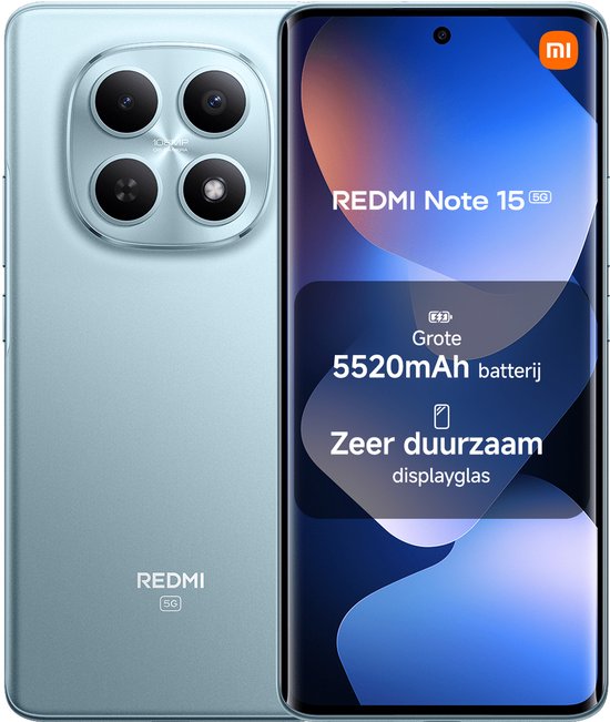 Smartphone bleu REDMI Note 15 5G, arrière avec quatre caméras, avant montrant une batterie de 5520mAh et un verre d'écran durable.