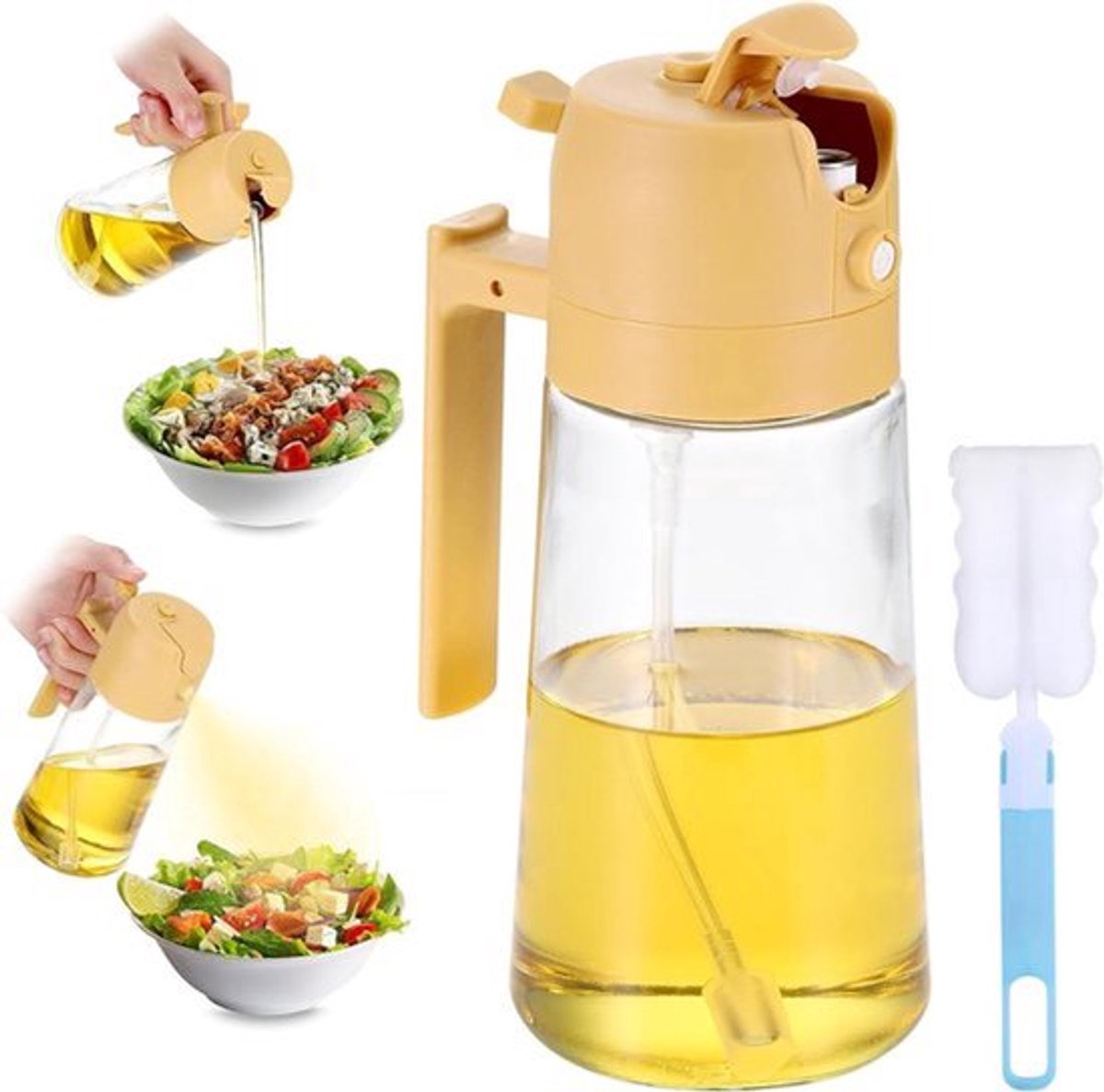 Oliera Spray 2-in-1 - 470 ml - Spijsolie - Keuken - Handvat - Oliedispenser - Frituren - Salade - Geel .