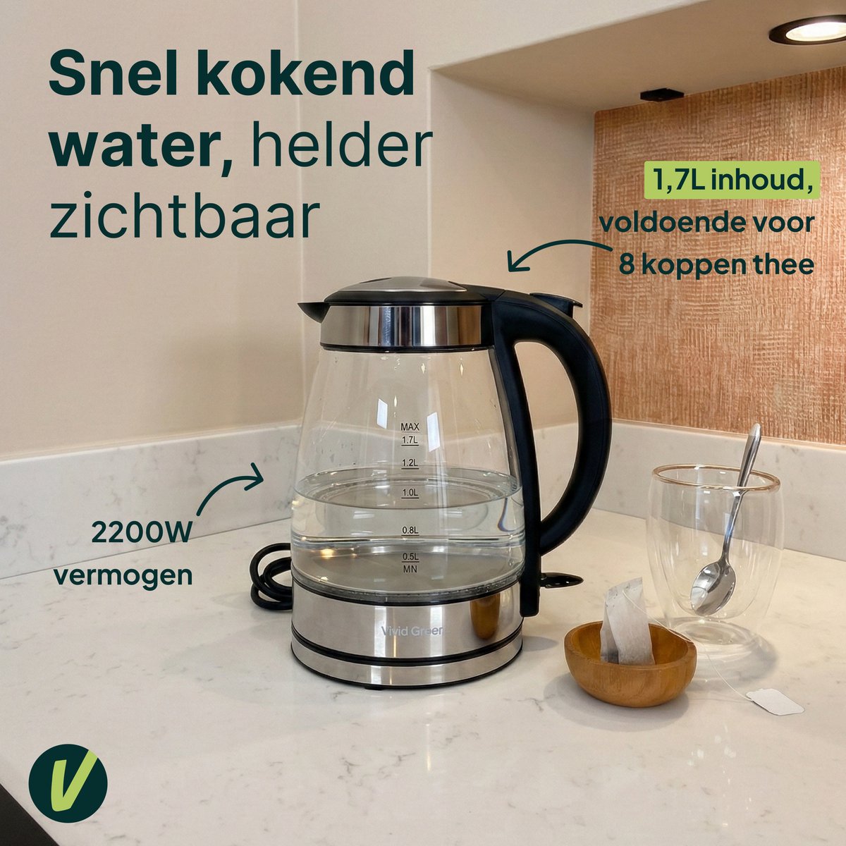 Vivid Green Glazen Waterkoker - 1.7L – 2200W - PFAS-vrij - Kalkfilter - Led Verlichting - Glas — afbeelding 2