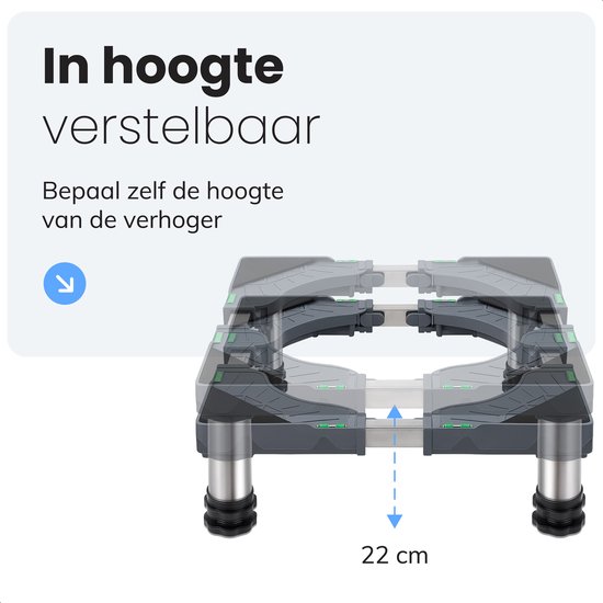 Zwarte verstelbare verhoger met grijze poten en groene accenten, hoogte verstelbaar tot 22 cm.