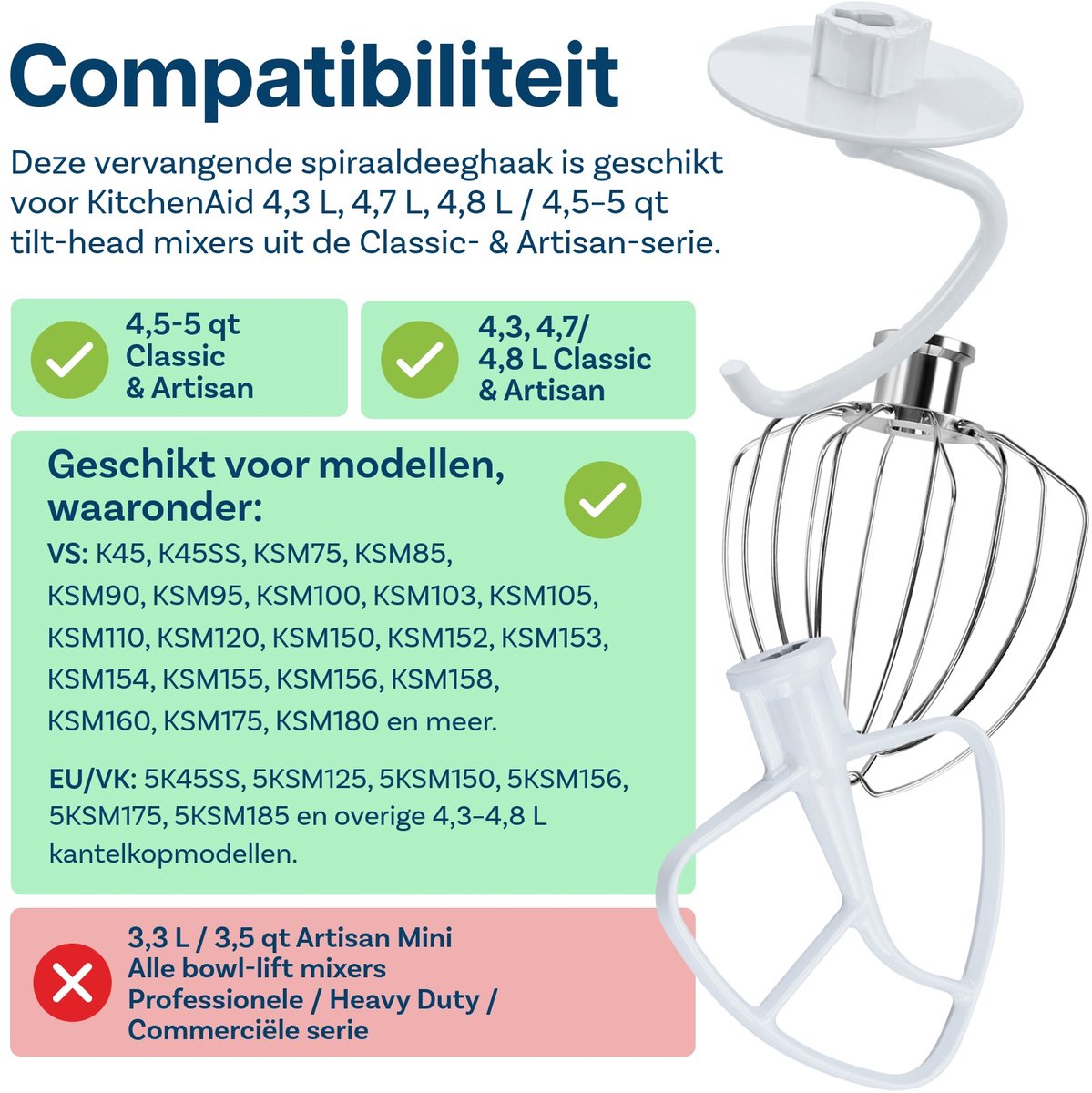 3-Delige Accessoireset voor KitchenAid 4.3, 4.7/4.8L Tilt-Head Stand Mixers Artisan & Classic Series van MMOBIEL - Aluminium K45 6-Draads Garde, Platte Mixer en Deeghaak – Enkel Handwas thumbnail 2