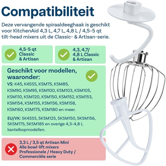 3-Delige Accessoireset voor KitchenAid 4,5-5 Quart Tilt-Head Stand Mixers Artisan & Classic Series van MMOBIEL - Aluminium K45 6-Draads Garde, Platte Mixer en Deeghaak - Enkel Handwas van MMOBIEL — afbeelding 2