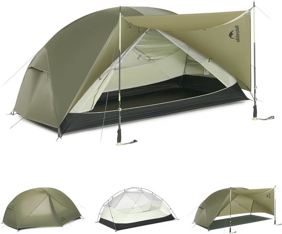 Olijfgroene koepeltent met luifel, opgesteld in drie configuraties: alleen de binnentent, tent met luifel, en tent met luifel en vestibule.