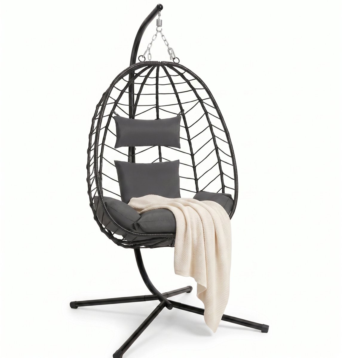 Aiverig® Hangstoel met Standaard – Ei Stoel, Egg Chair & Egg Hangstoel – Voor Binnen en Buiten – Hangende Loungestoel 150 kg Draagvermogen – Inclusief Kussens en Hoofdsteun – Voor Tuin, Balkon en Woonkamer – Grijs – 196 CM Hoog