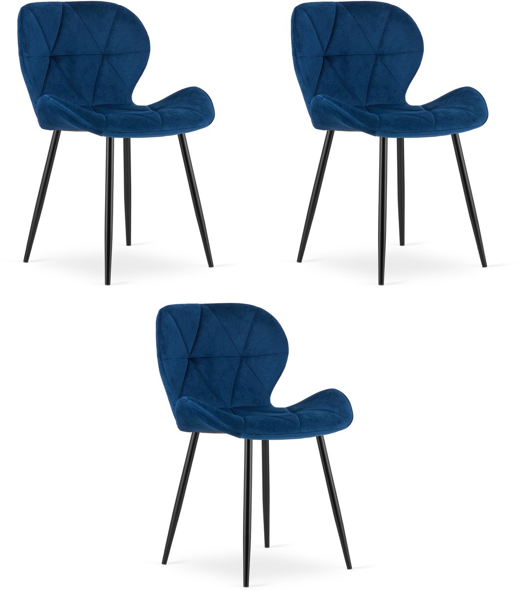 Set van 3 eetkamerstoelen MANGO - Fluweel donkerblauw - Zwarte metalen poten - Modern design