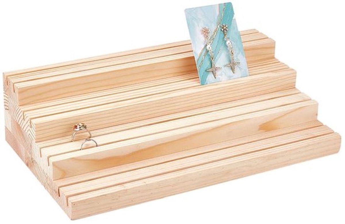 Houten sieradenrek met 4 niveaus en groeven, organizer voor oorbellen, ringen en displaykaarten, ideaal voor thuisdecoratie en overzichtelijke presentatie