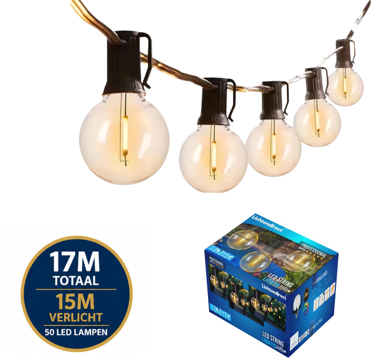 Lichtendirect - Lichtsnoer 17 Meter met 50 LED Lampen - Prikkabel Buitenverlichting - Warm Wit 2700K - IP44 - Koppelbaar- Terrasverlichting-Tuinverlichting