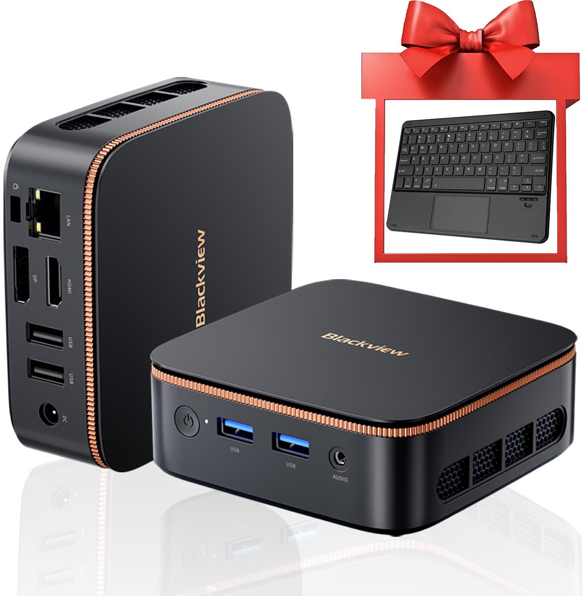 Blackview MP20 Mini PC - met QWERTY toetsenbord - 8 GB DDR4 - 256 GB M.2 SSD - AMD Ryzen™ 3 3300U - Tot 3,5GHz - WiFi 5 - Windows 11 Pro - 4K UHD Mini PC - Gigabit Ethernet - Zwart