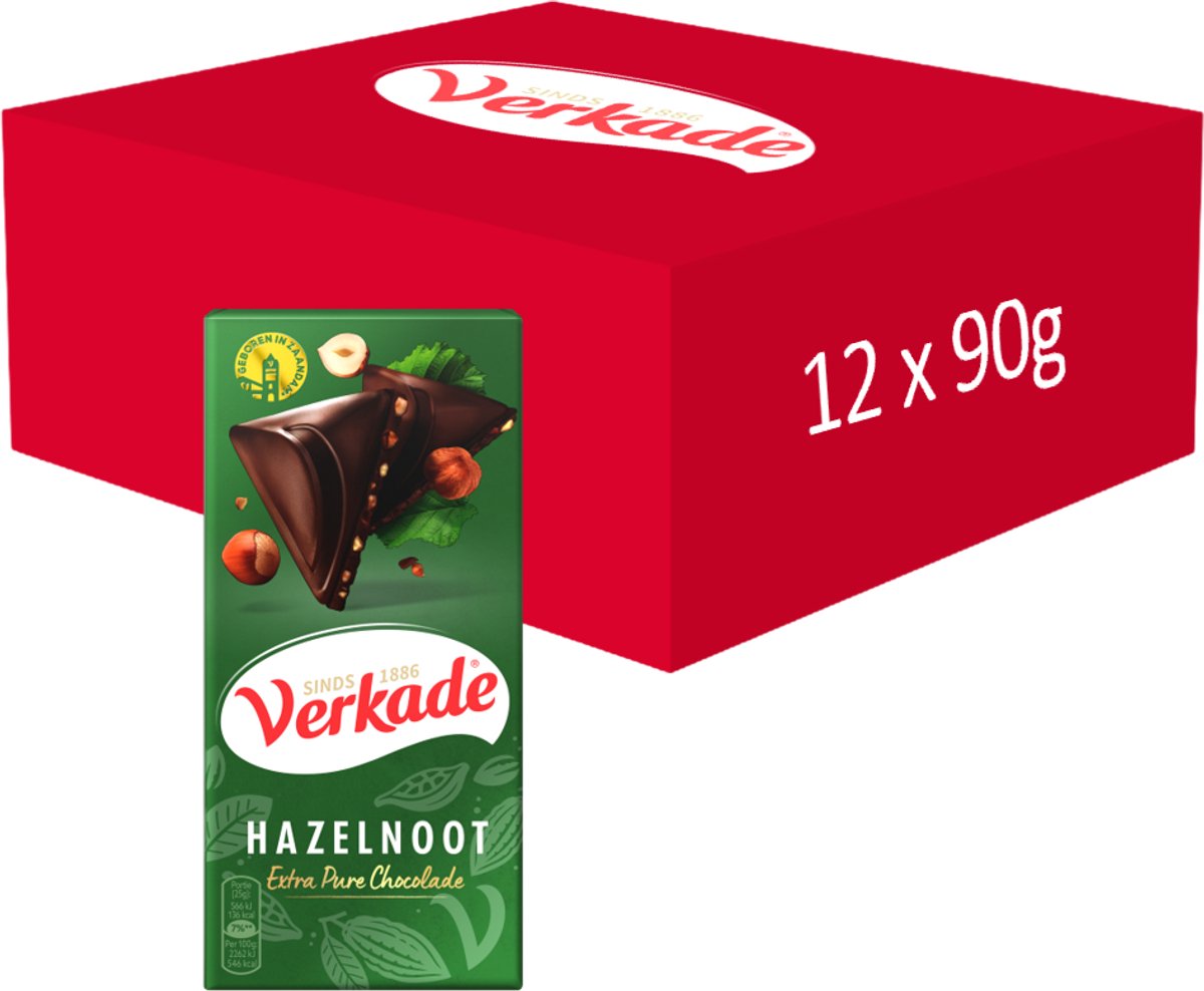 Verkade Chocoladereep Extra Puur - Hazelnoot - 12 x 90 gram