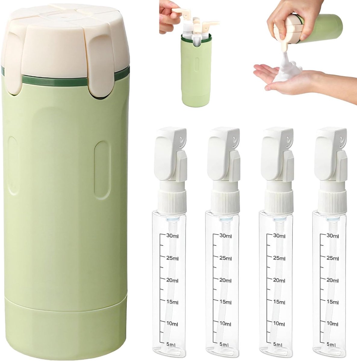 carmdering - Doseerflessen - 4-in-1 reisdispenser - met dispenser - reisflesjes - 4 X 30ml - Navulbare Reisdispenser - Draagbaar - Lekvrij - Met maatverdeling en etiketten - Geschikt voor shampoo en lotion - groen