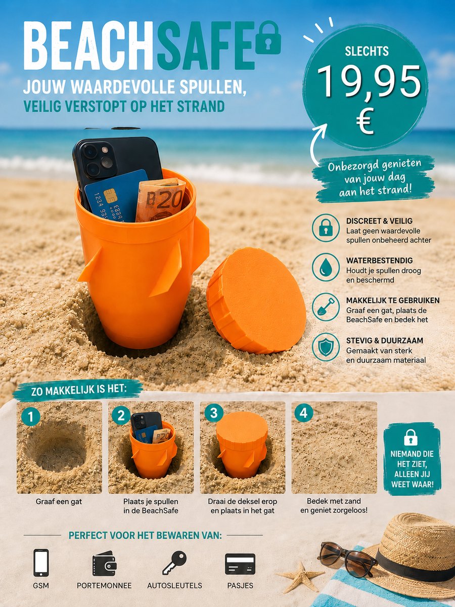Beachsafe kleur oranje - strand - opbergbox