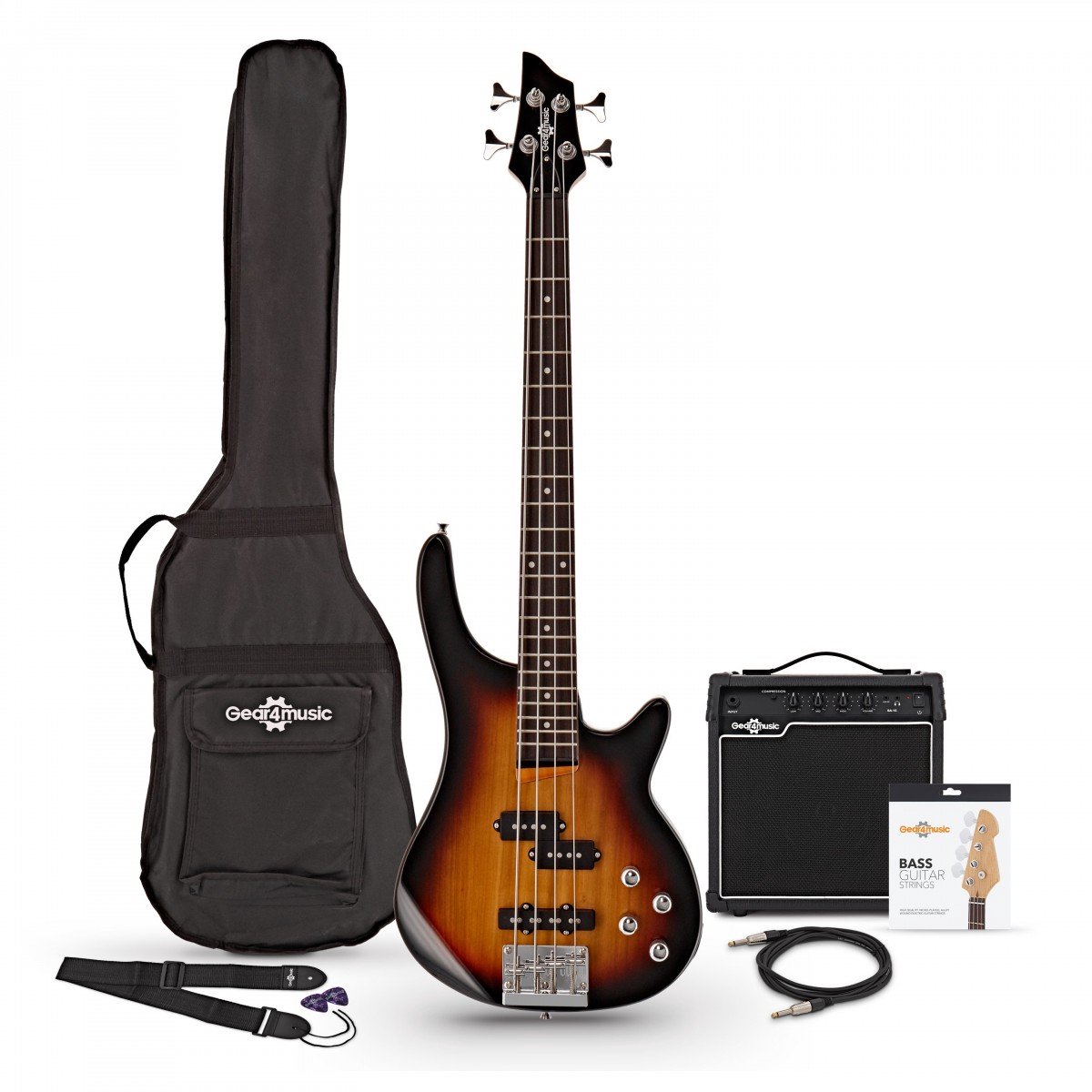 Chicago Short Scale Basgitaar, Sunburst + 15 W Versterkerpakket