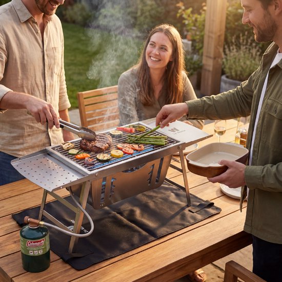 Camping BBQ gas en houtskool (2in1) kleine opvouwbare en draagbare mini barbecue - tafel BBQ / tafelbarbecue - gasbarbecue tafelmodel van Merkloos — afbeelding 4